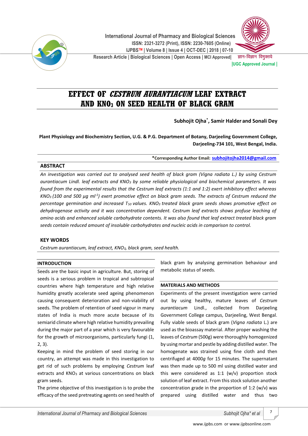 Effect of Cestrum Aurantiacum Leaf Extract and Kno3 on Seed Health of Black Gram