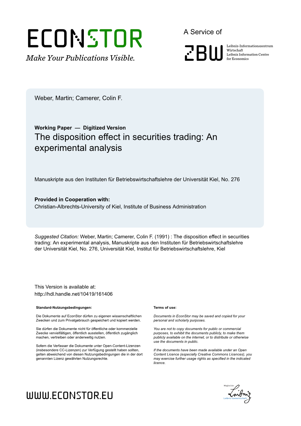 Disposition Effect in Securities Trading: an Experimental Analysis