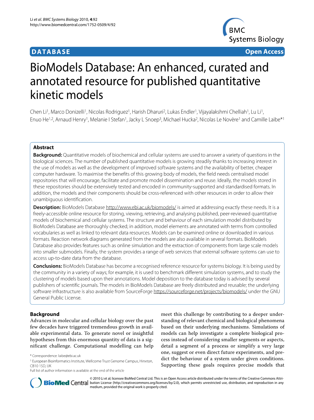 Biomodels Database: an Enhanced, Curated and Annotated Resource for Published Quantitative Kinetic Models BMC Systems Biology 2010, 4:92