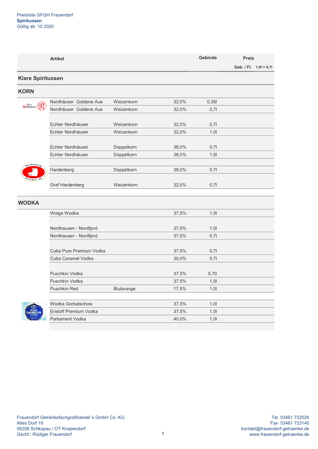 Preisliste GFGH Frauendorf Spirituosen Gültig Ab: 10 2020
