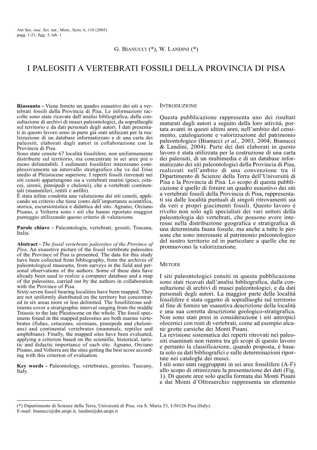 I Paleositi a Vertebrati Fossili Della Provincia Di Pisa