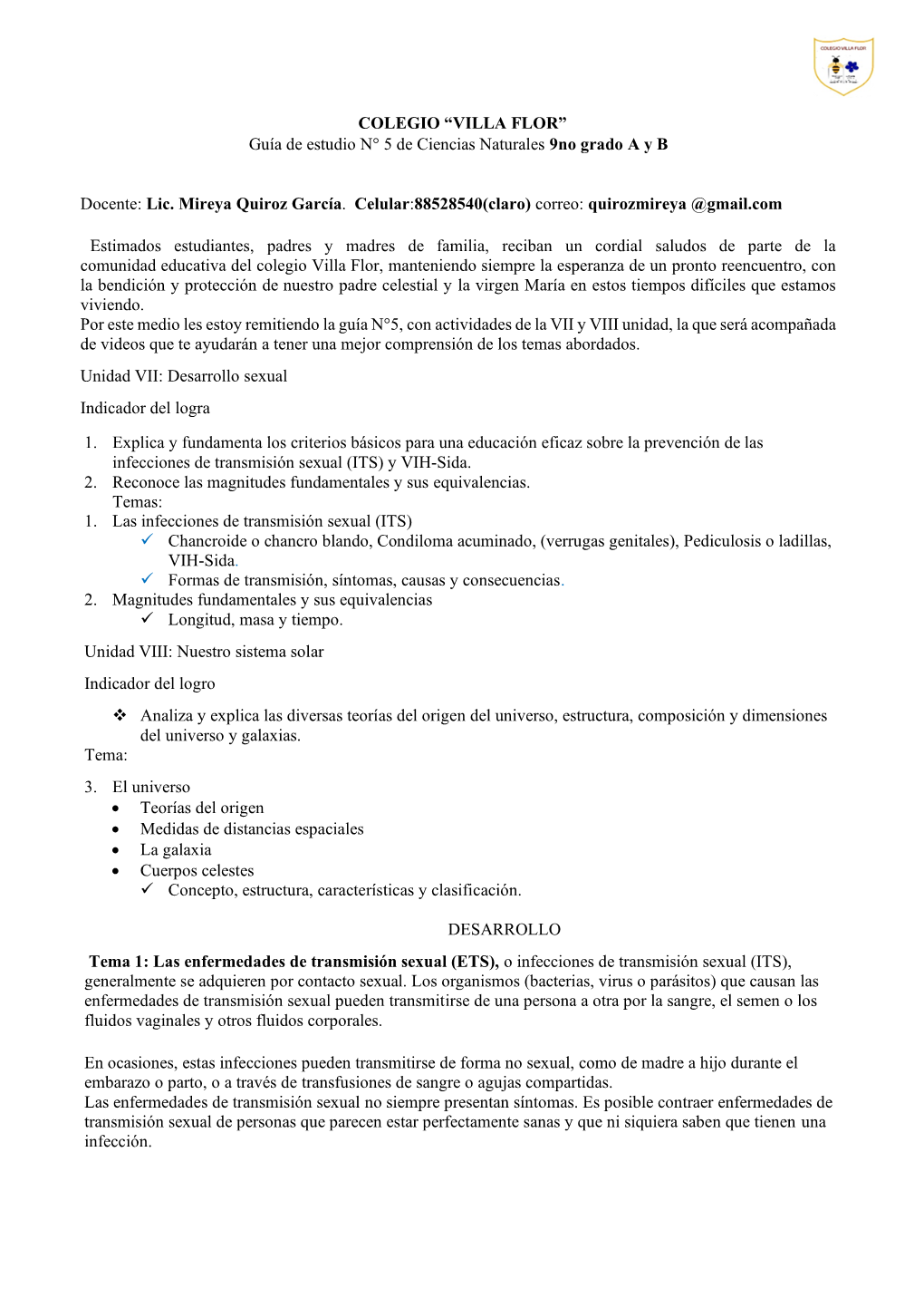 Guía De Estudio N° 5 De Ciencias Naturales 9No Grado a Y B Docente