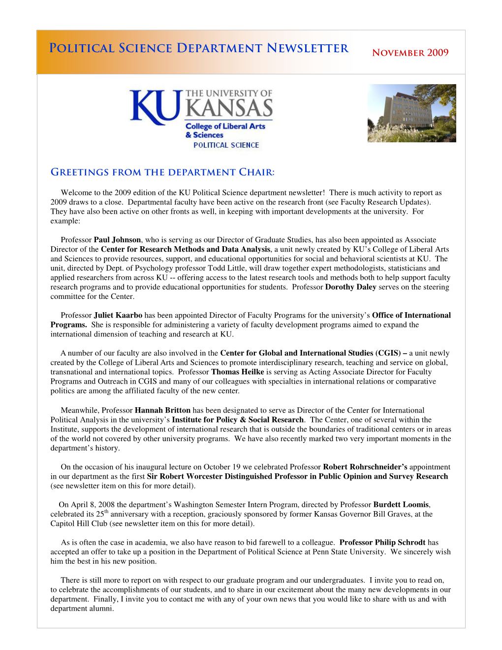 Political Science Department Newsletter November 2009