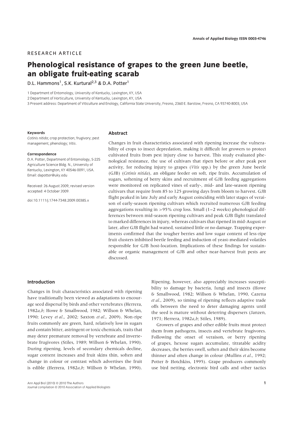 Phenological Resistance of Grapes to the Green June Beetle, an Obligate Fruit-Eating Scarab D.L