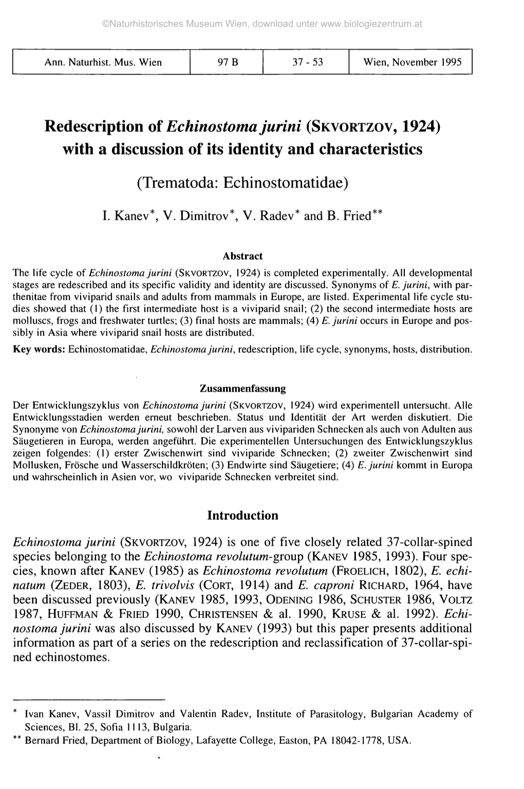 Redescription of Echinostoma Jurini (SKVORTZOV, 1924) with a Discussion of Its Identity and Characteristics (Trematoda: Echinostomatidae)