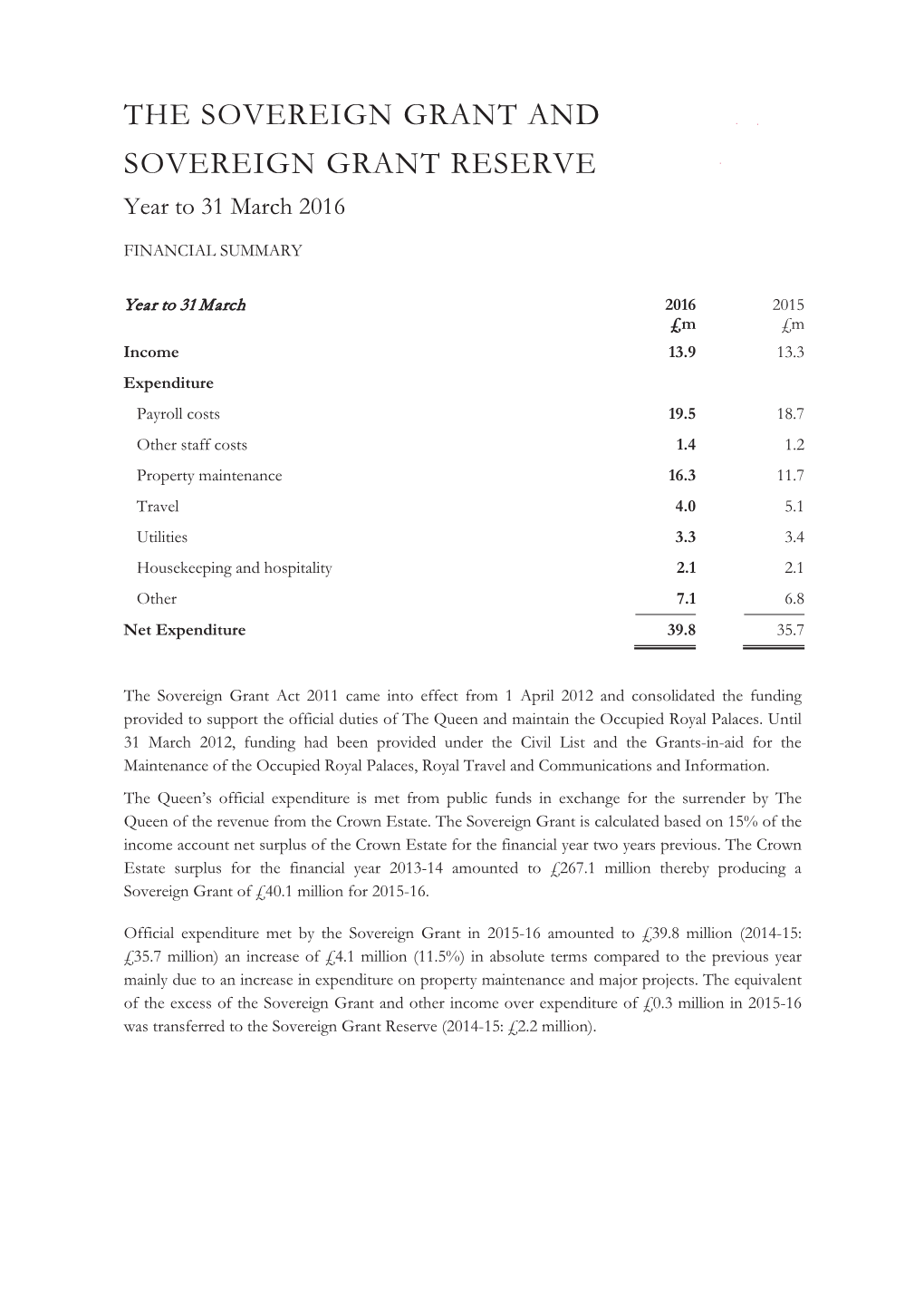 SOVEREIGN GRANT and SOVEREIGN GRANT RESERVE Year to 31 March 2016