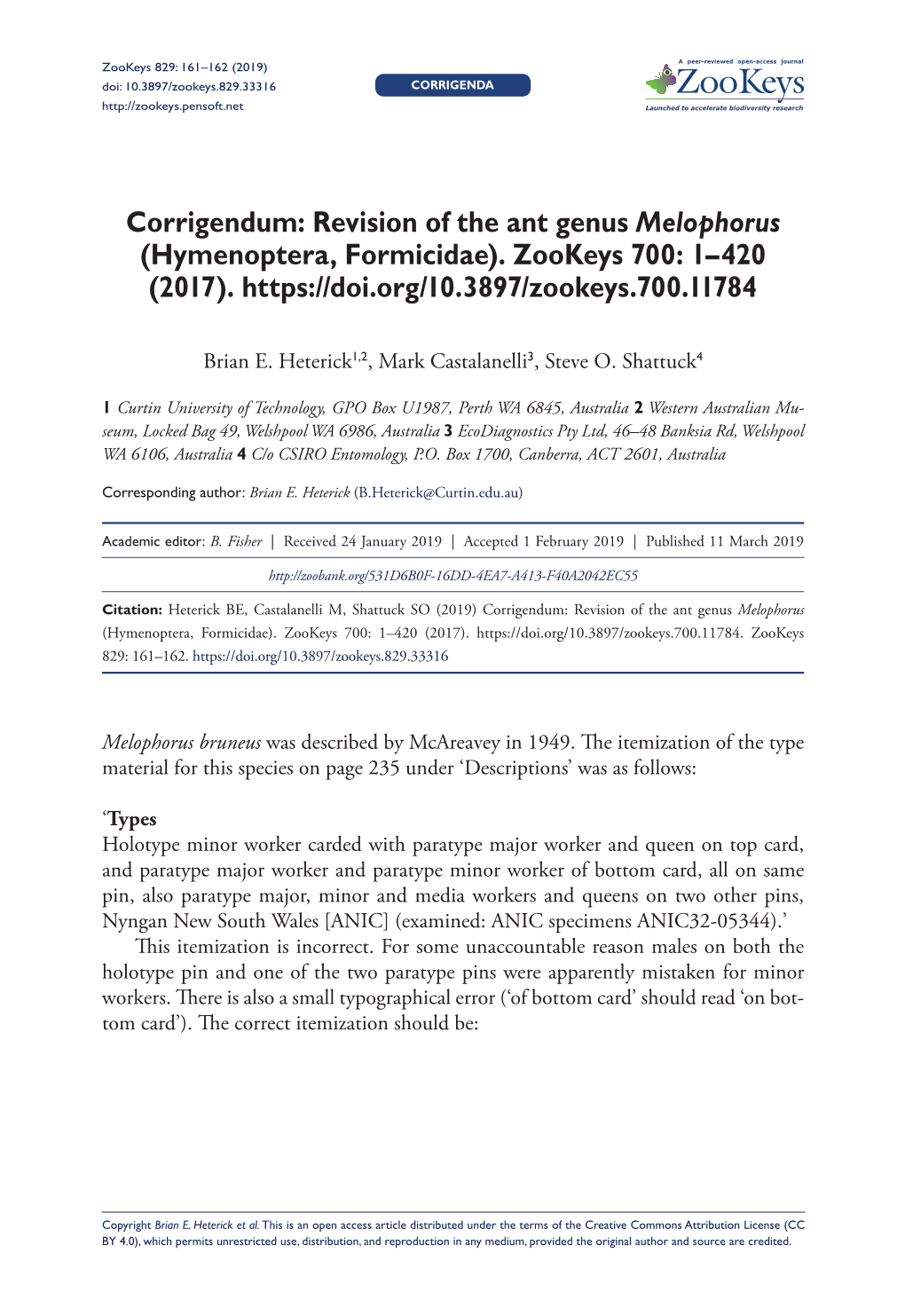 Revision of the Ant Genus Melophorus (Hymenoptera, Formicidae)
