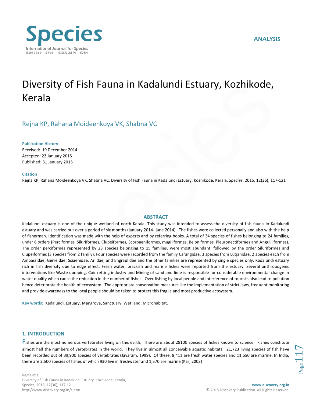 Species ANALYSIS International Journal for Species ISSN 2319 – 5746 EISSN 2319 – 5754