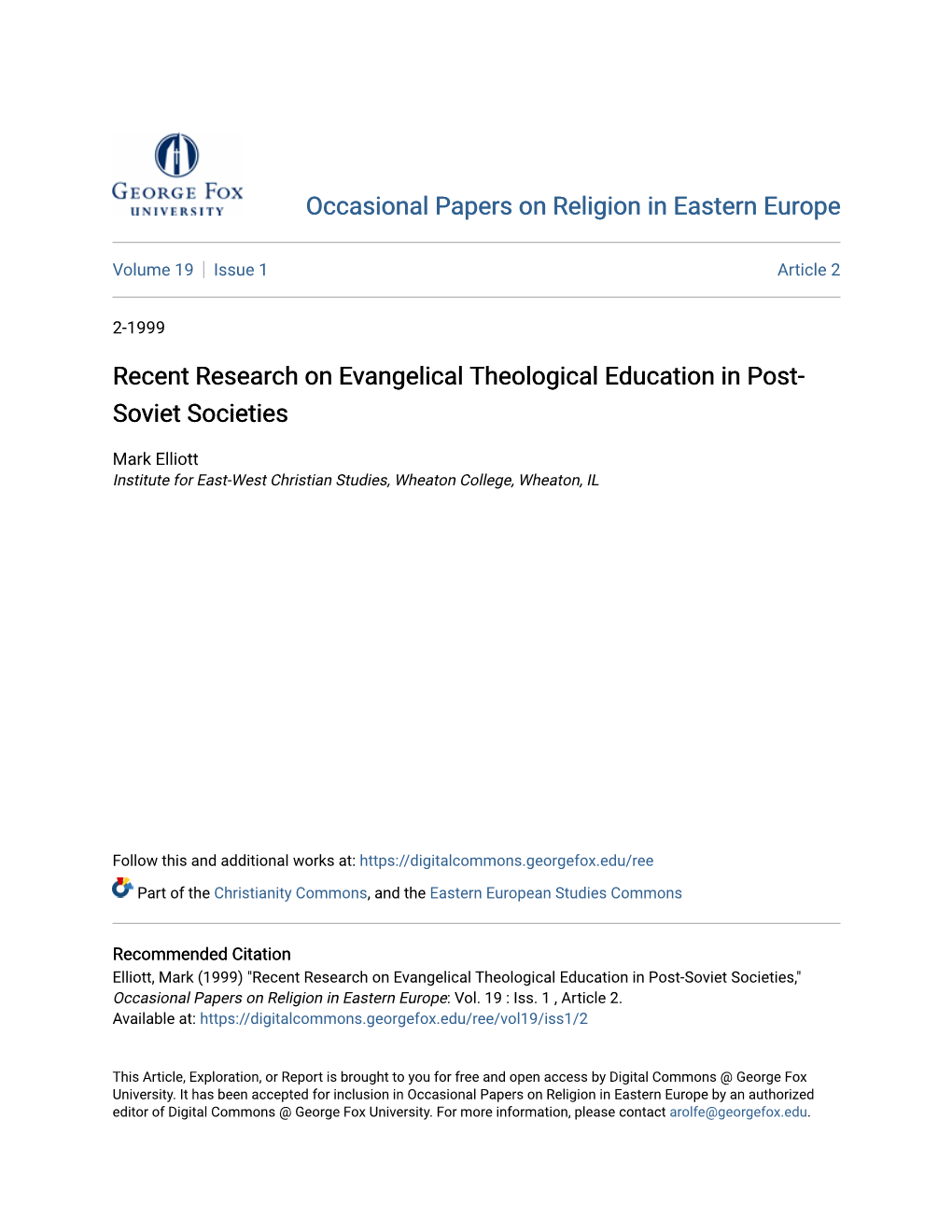 Recent Research on Evangelical Theological Education in Post- Soviet Societies