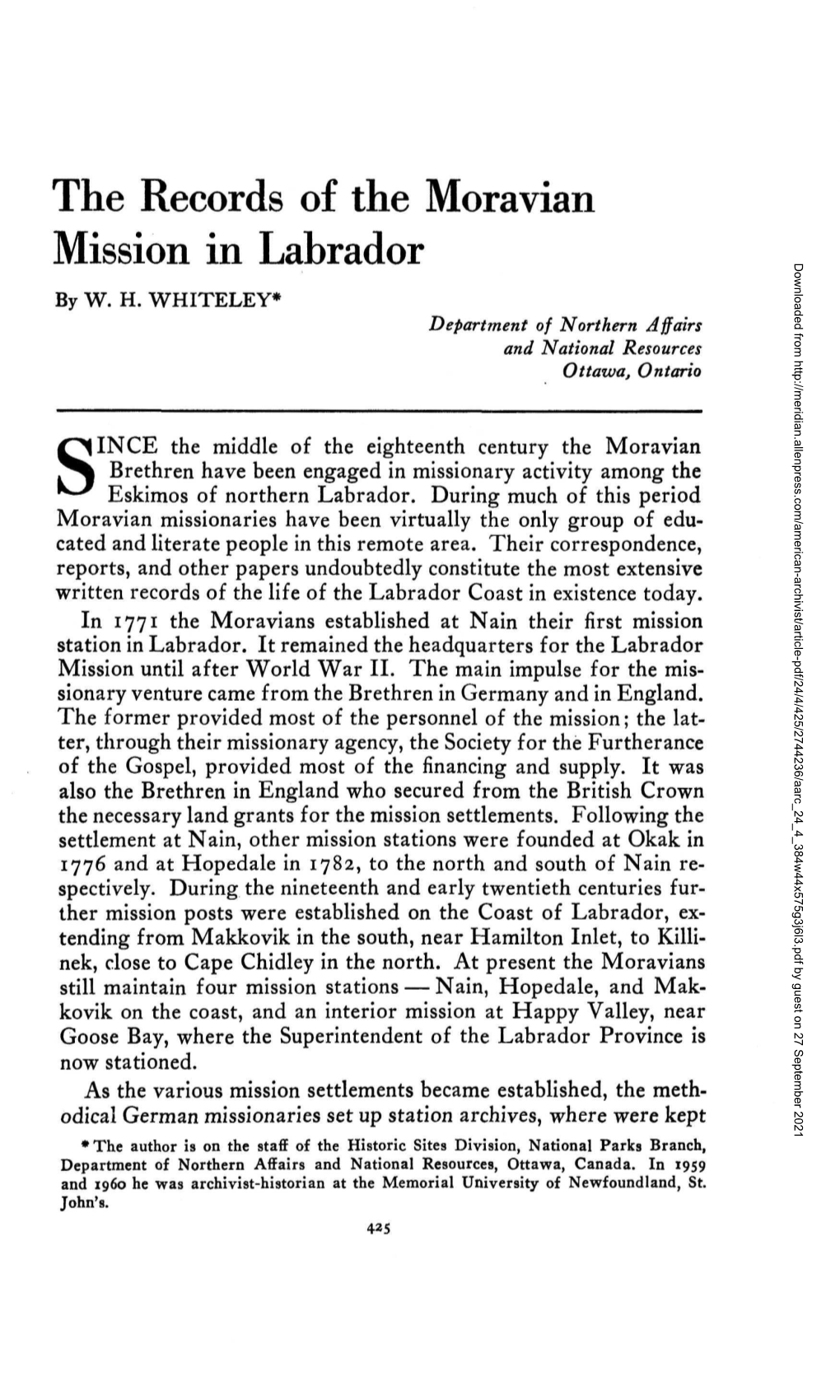 The Records of the Moravian Mission in Labrador Essentially Cover the Period from 1770 to the Twentieth Century