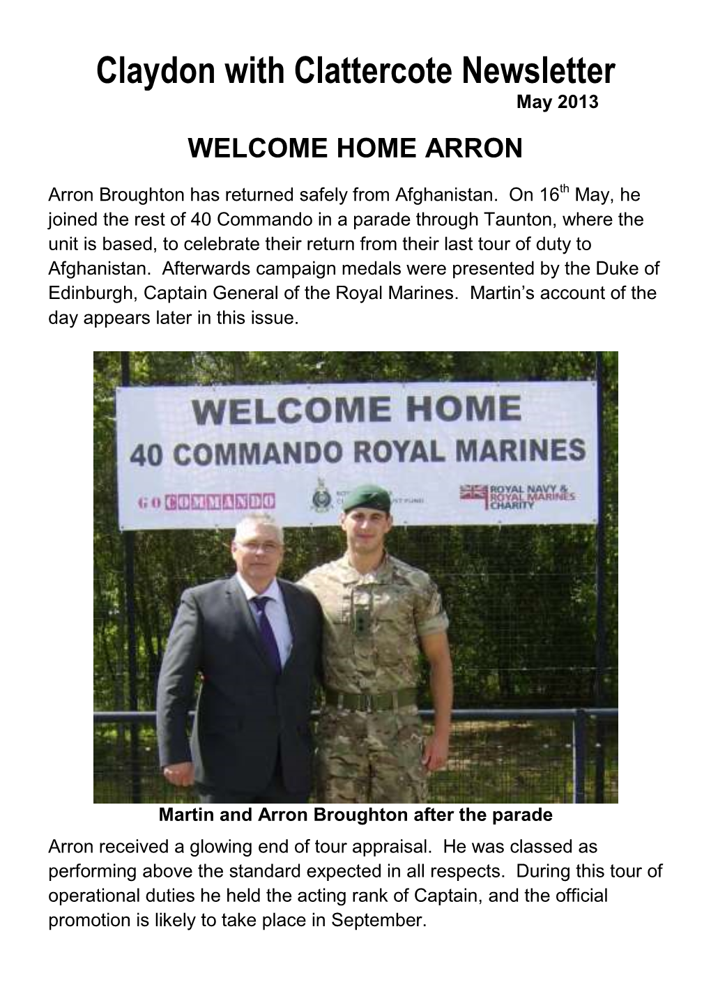 Claydon with Clattercote Newsletter May 2013 WELCOME HOME ARRON