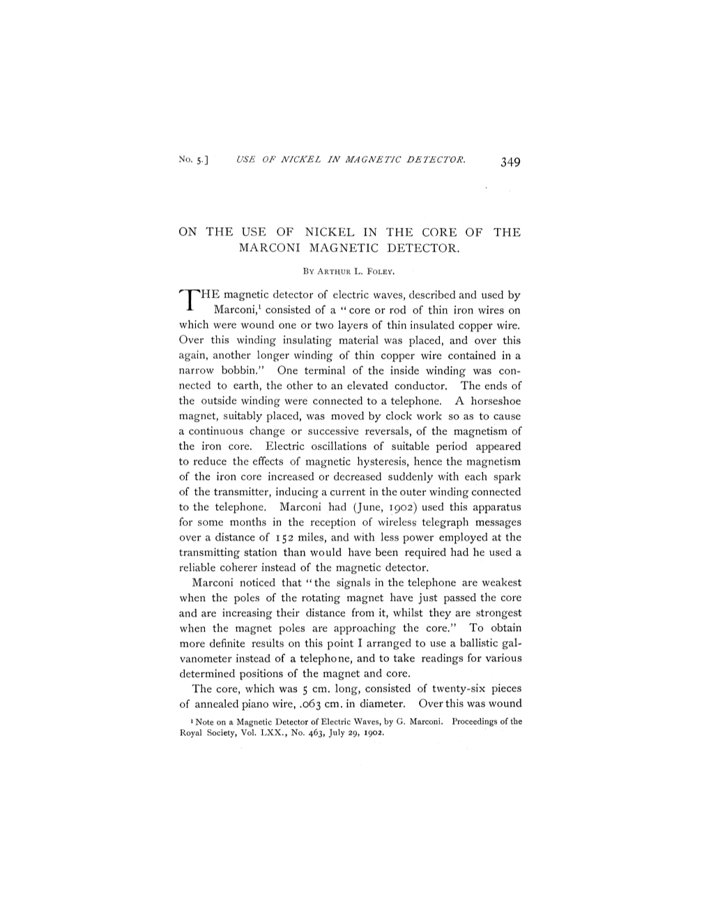 On the Use of Nickel in the Core of the Marconi Magnetic Detector