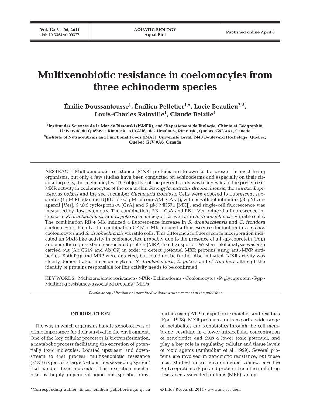 Multixenobiotic Resistance in Coelomocytes from Three Echinoderm Species