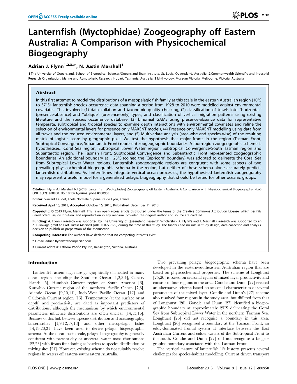 Lanternfish (Myctophidae) Zoogeography Off Eastern Australia: a Comparison with Physicochemical Biogeography