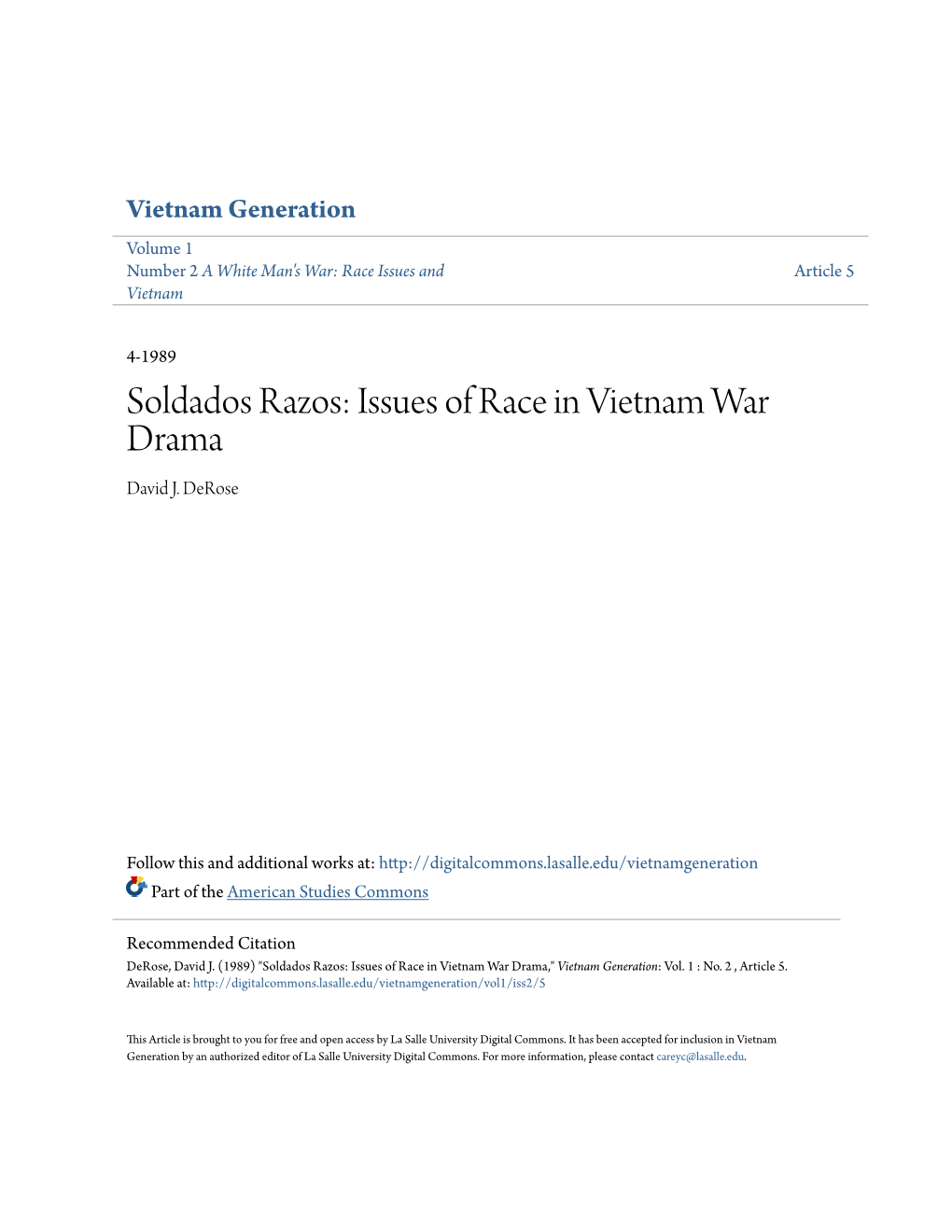 Soldados Razos: Issues of Race in Vietnam War Drama David J