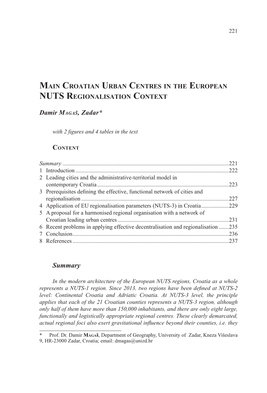 Croatian Urban Centres in the European Nuts Regionalisation Context