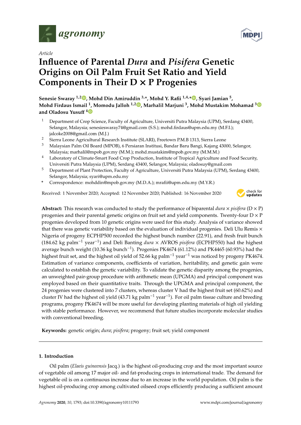 Influence of Parental Dura and Pisifera Genetic Origins on Oil Palm