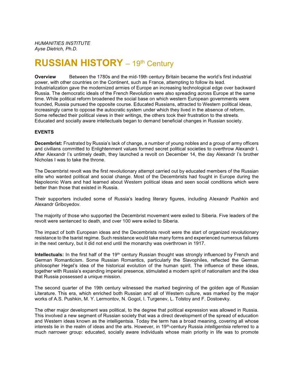 RUSSIAN HISTORY – 19Th Century