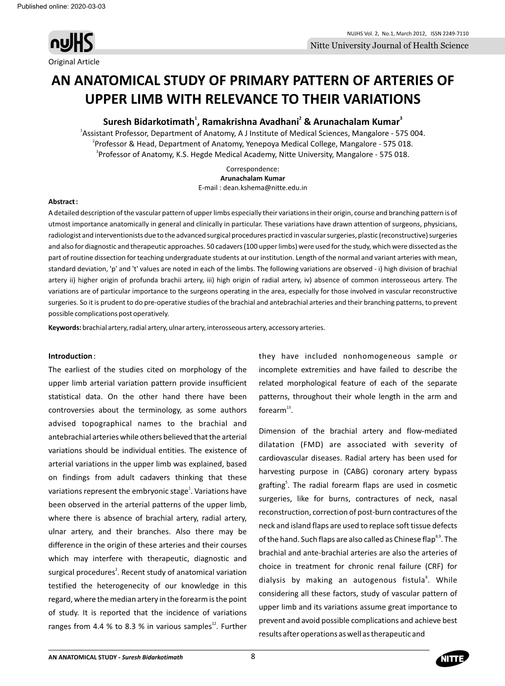 An Anatomical Study of Primary Pattern of Arteries of Upper Limb With