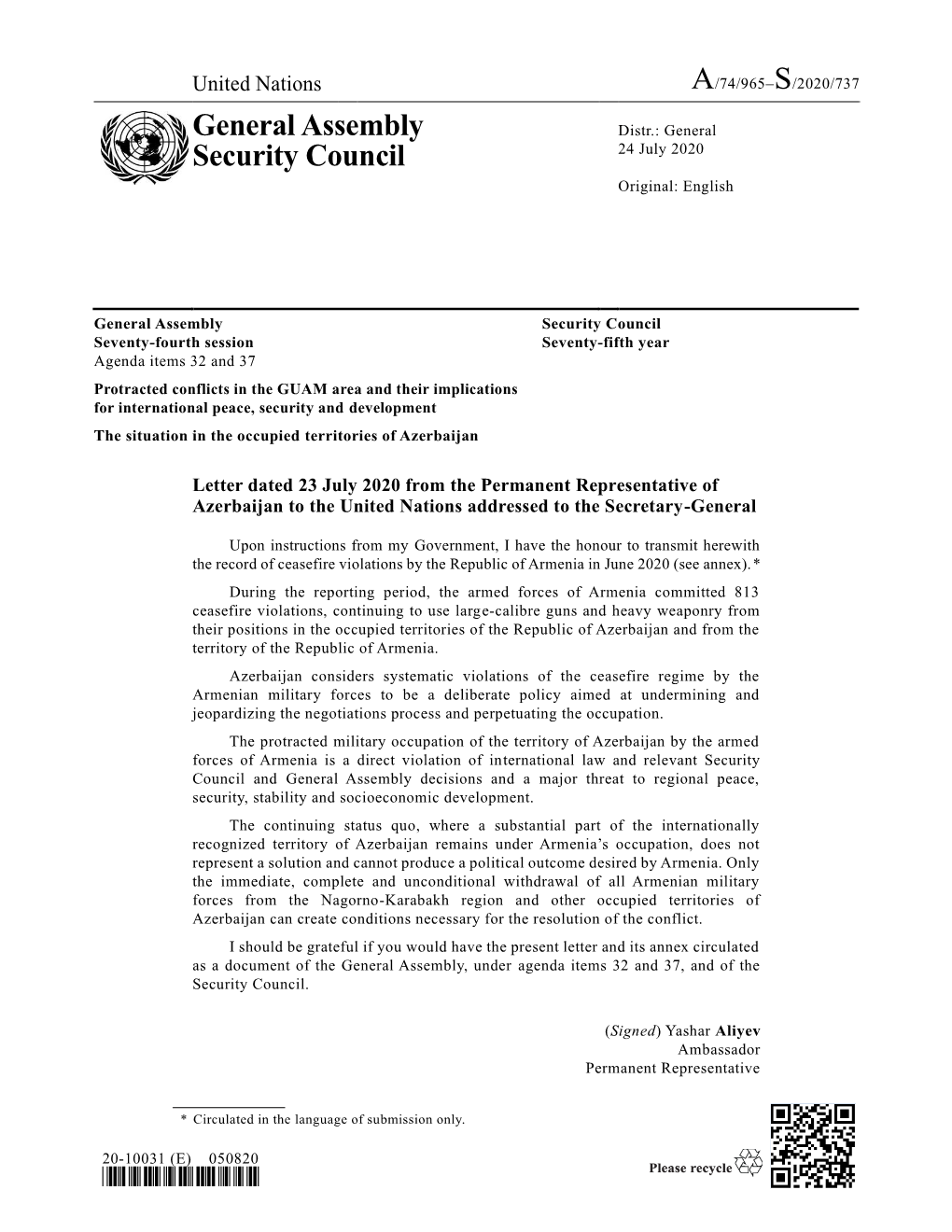 Letter Dated 23 July 2020 from the Permanent Representative of Azerbaijan to the United Nations Addressed to the Secretary-General