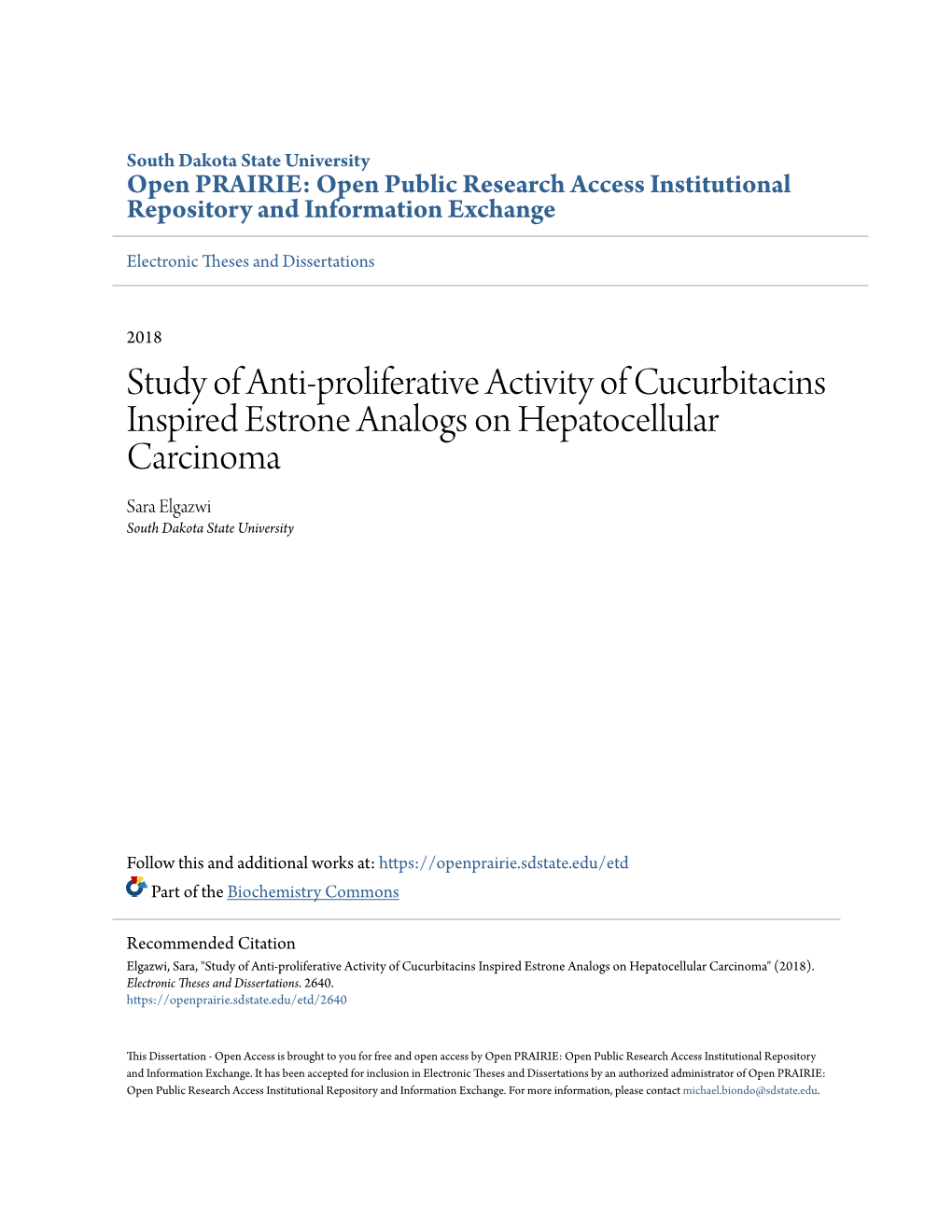 Study of Anti-Proliferative Activity of Cucurbitacins Inspired Estrone Analogs on Hepatocellular Carcinoma Sara Elgazwi South Dakota State University