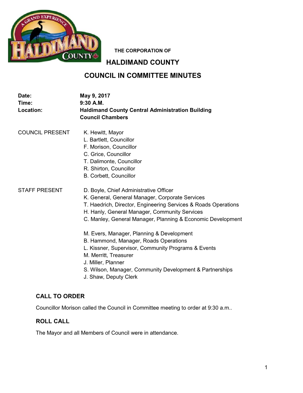 Haldimand County Council in Committee Minutes