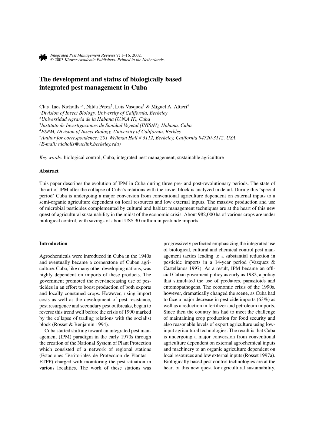 The Development and Status of Biologically Based Integrated Pest Management in Cuba