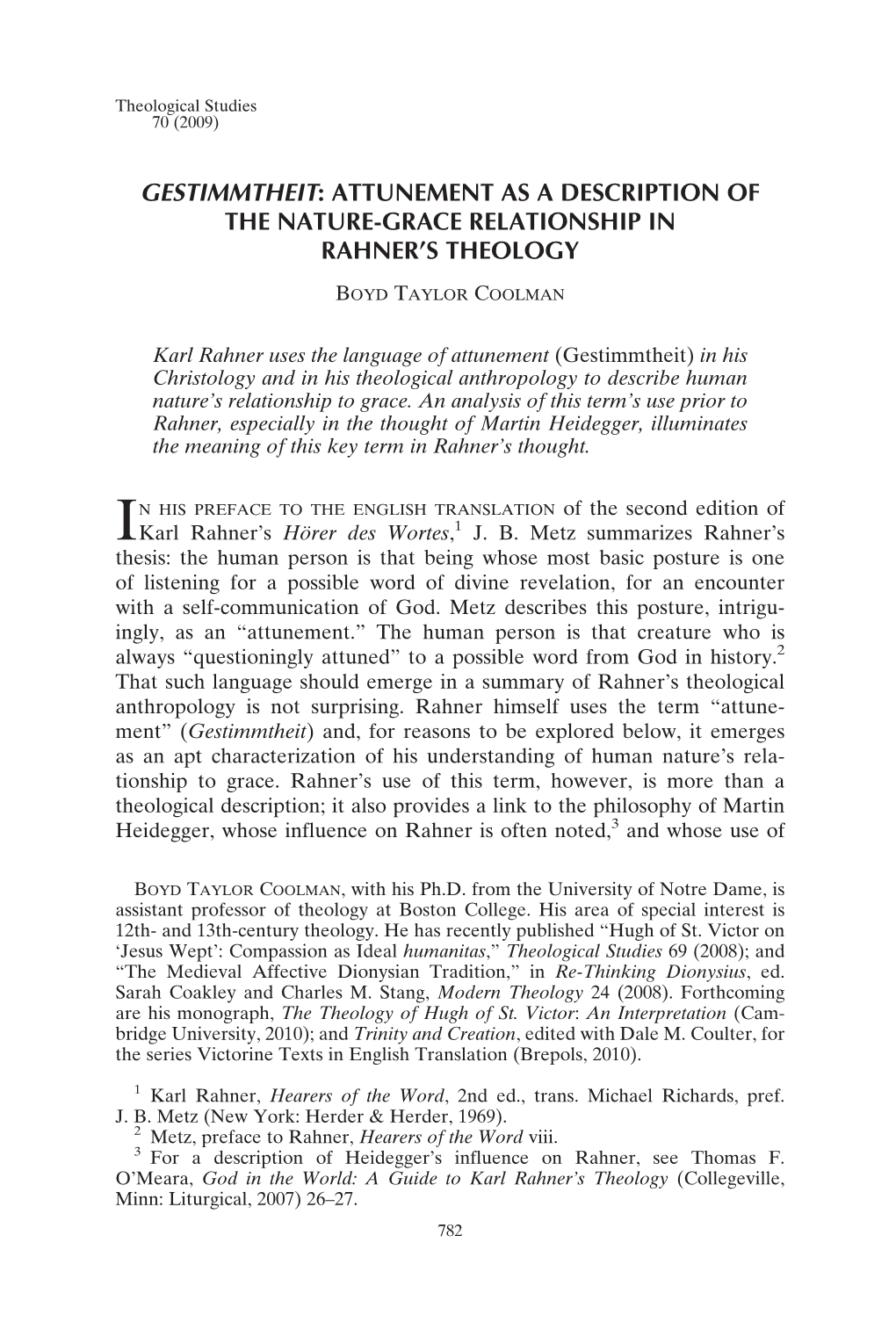 Attunement As a Description of the Nature-Grace Relationship in Rahner’S Theology