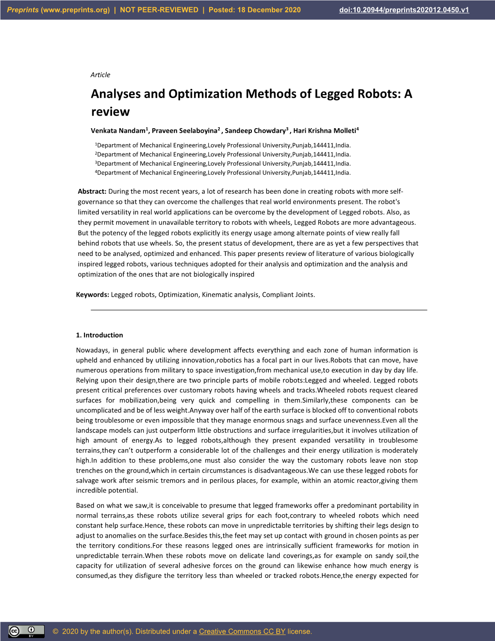 Analyses and Optimization Methods of Legged Robots: a Review