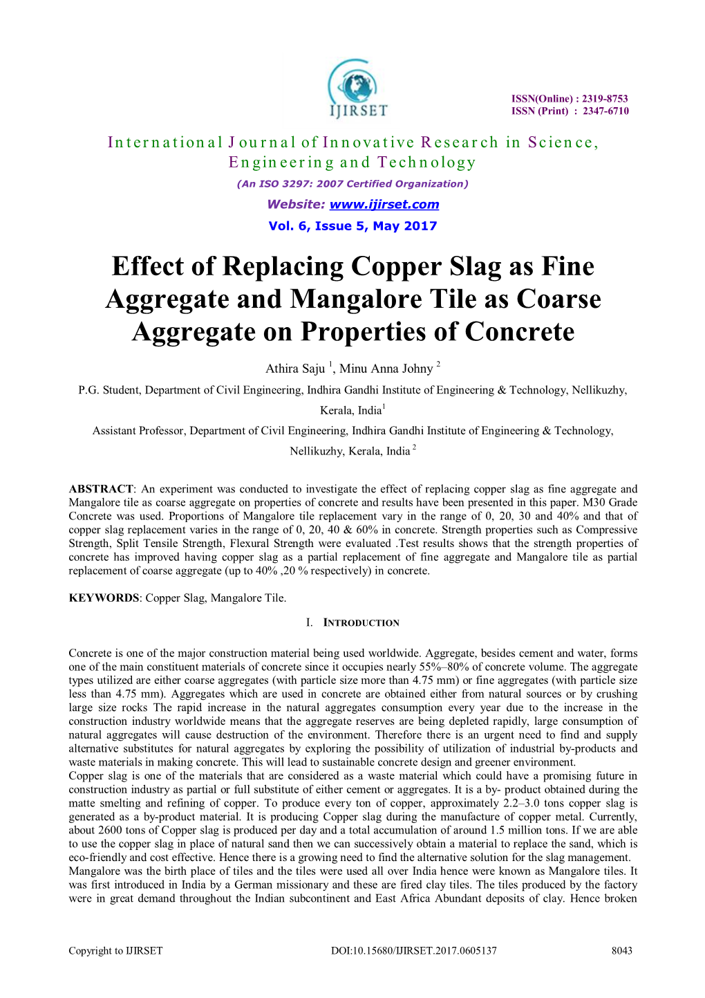 Effect of Replacing Copper Slag As Fine Aggregate and Mangalore Tile As Coarse Aggregate on Properties of Concrete