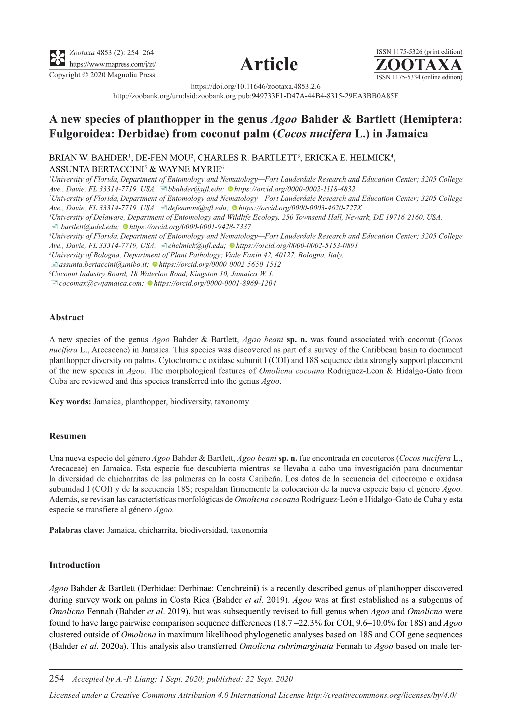 A New Species of Planthopper in the Genus Agoo Bahder & Bartlett (Hemiptera: Fulgoroidea: Derbidae) from Coconut Palm (Cocos Nucifera L.) in Jamaica