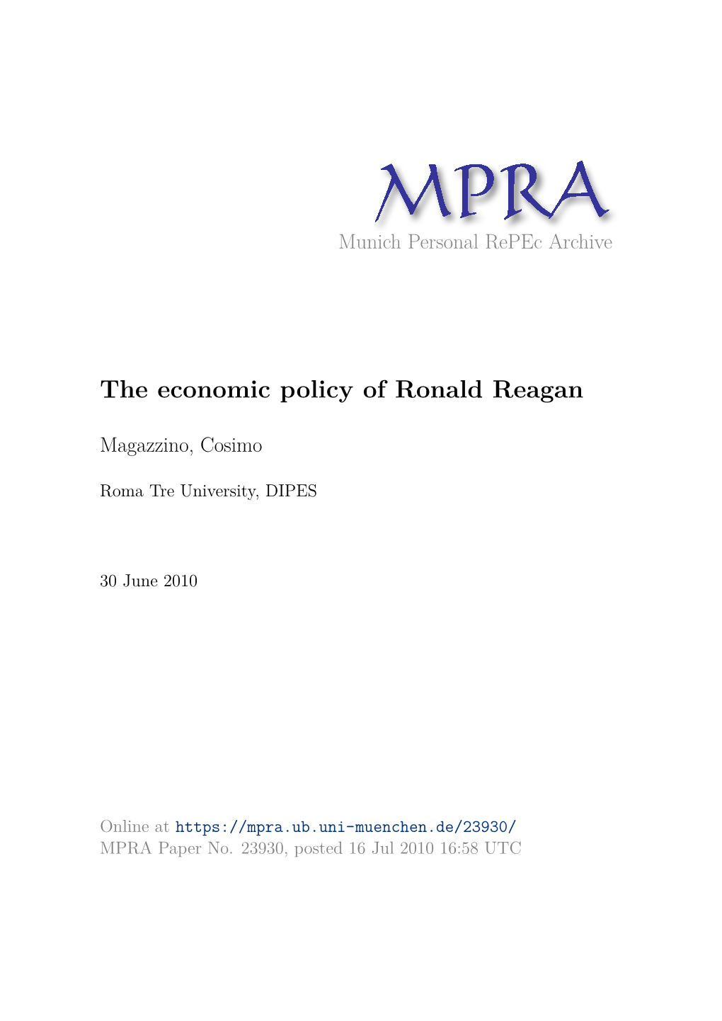 The Economic Policy of Ronald Reagan