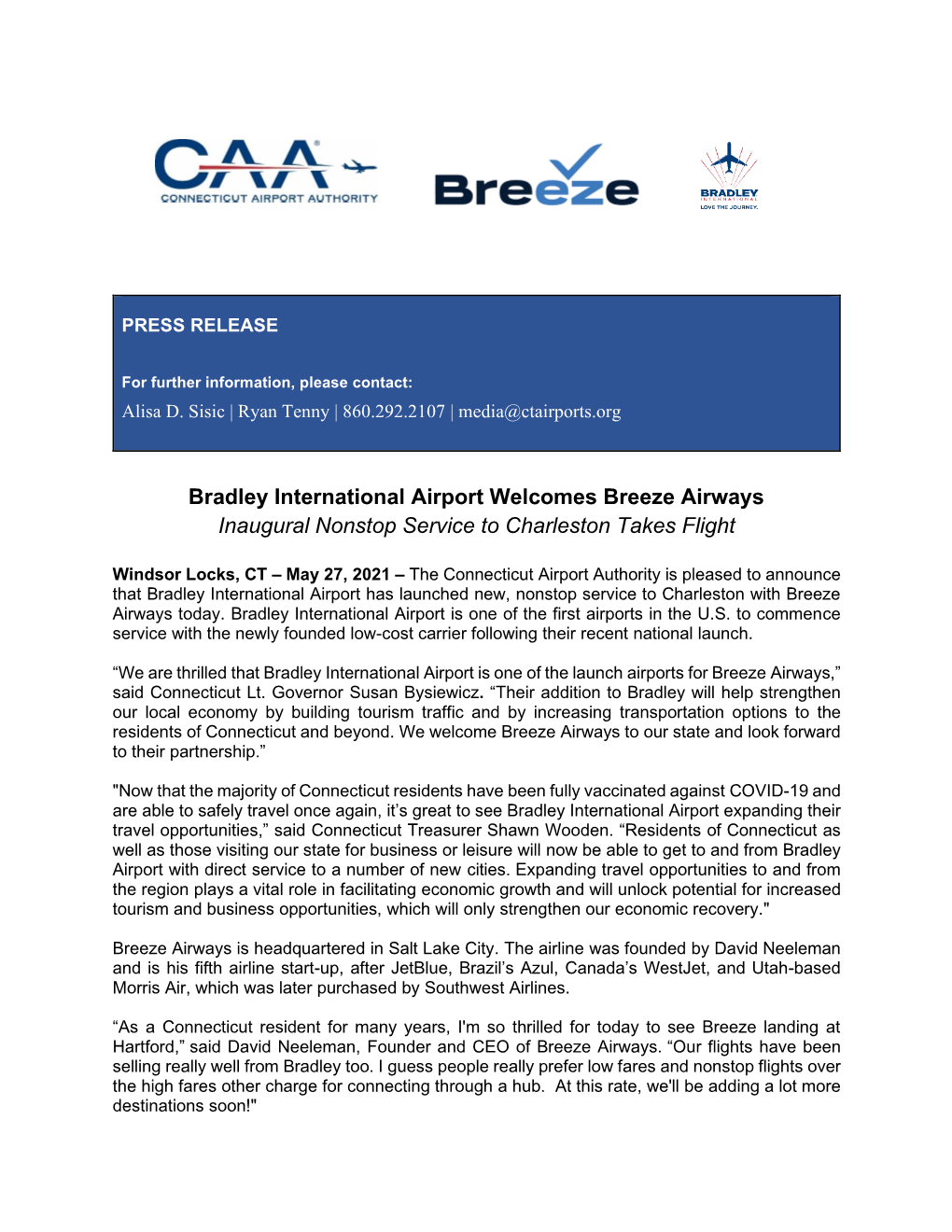 Bradley International Airport Welcomes Breeze Airways Inaugural Nonstop Service to Charleston Takes Flight