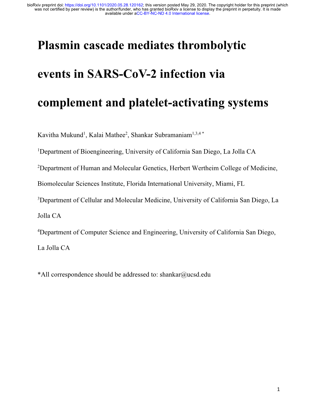 Plasmin Cascade Mediates Thrombolytic Events in SARS-Cov-2