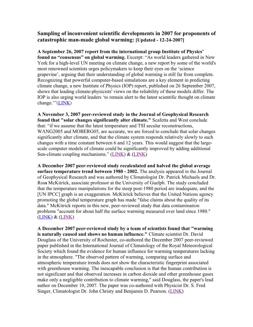 Sampling of Inconvenient Scientific Developments in 2007 for Proponents of Catastrophic