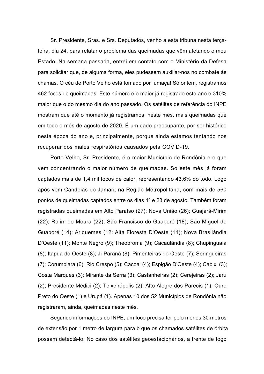 Sr. Presidente, Sras. E Srs. Deputados, Venho a Esta Tribuna Nesta Terça- Feira, Dia 24, Para Relatar O Problema Das Queimadas Que Vêm Afetando O Meu Estado