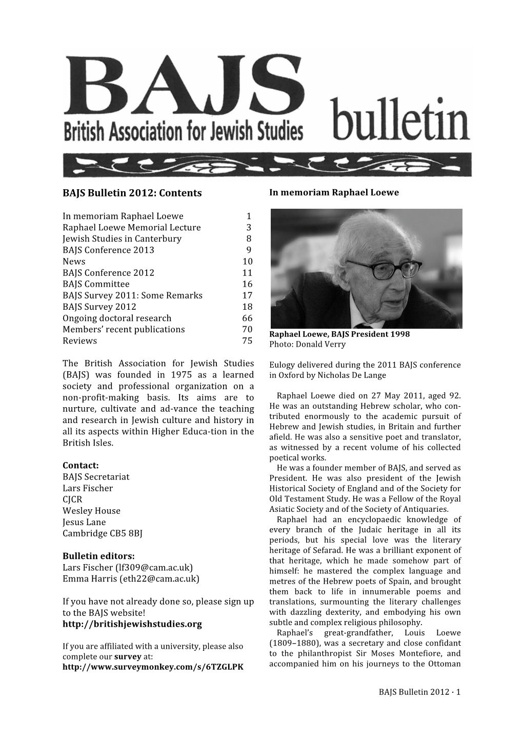 BAJS Bulletin 2012: Contents in Memoriam Raphael Loewe