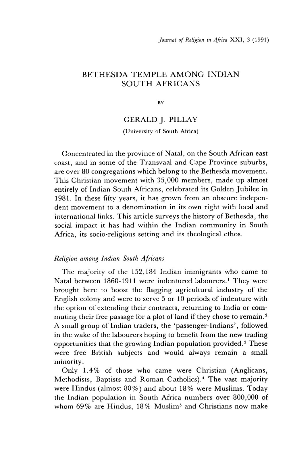 BETHESDA TEMPLE AMONG INDIAN SOUTH AFRICANS by GERALD J. PILLAY (University of South Africa)