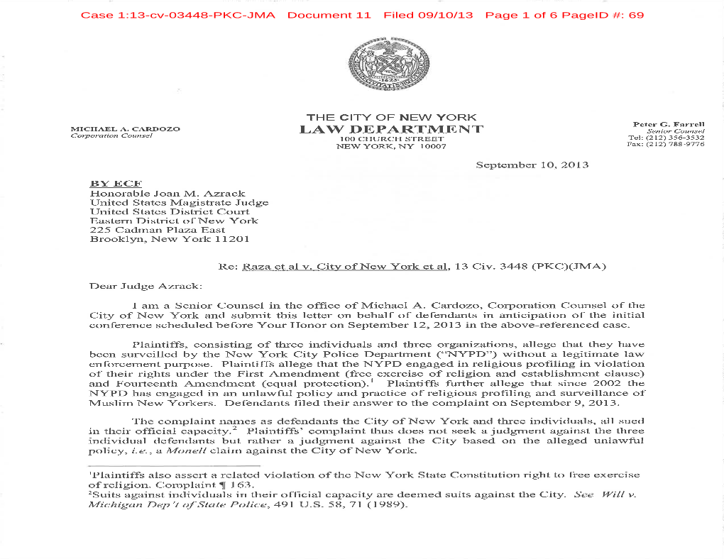 Letter from Senior Counsel Peter Farrell, NYC Law