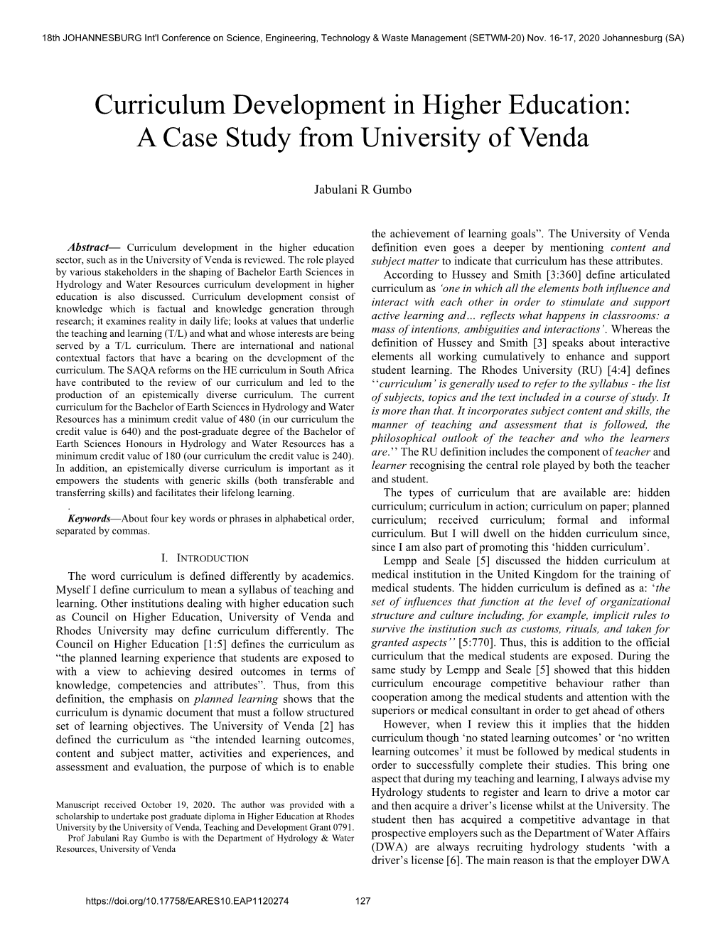 Curriculum Development in Higher Education: a Case Study from University of Venda