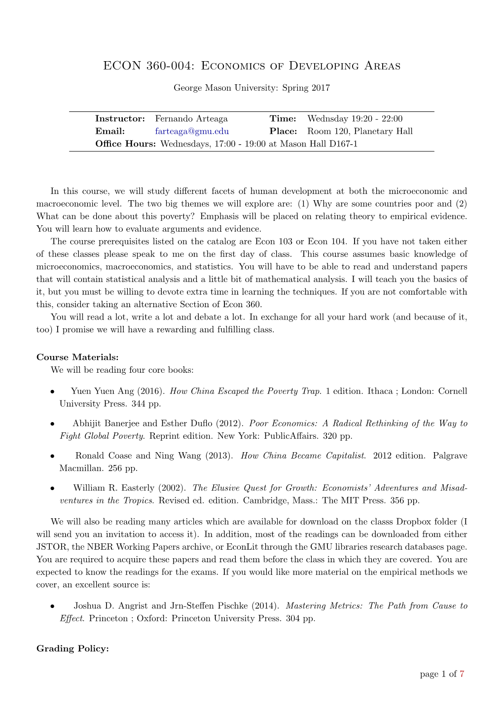 ECON 360-004: Economics of Developing Areas