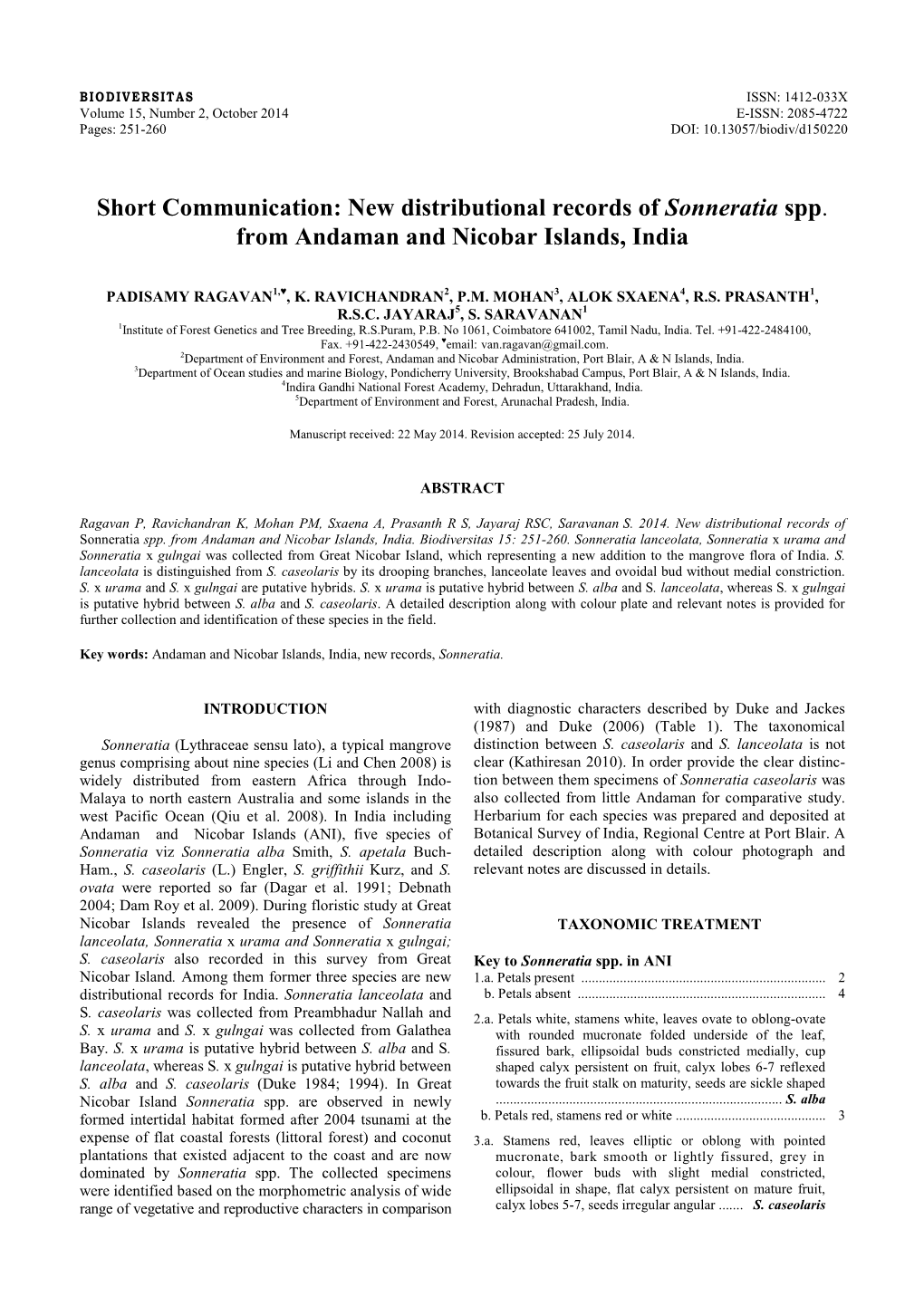 New Distributional Records of Sonneratia Spp. from Andaman and Nicobar Islands, India