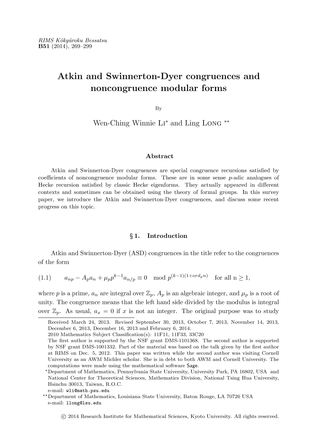 Atkin and Swinnerton‐Dyer Congruences and Noncongruence Modular Forms