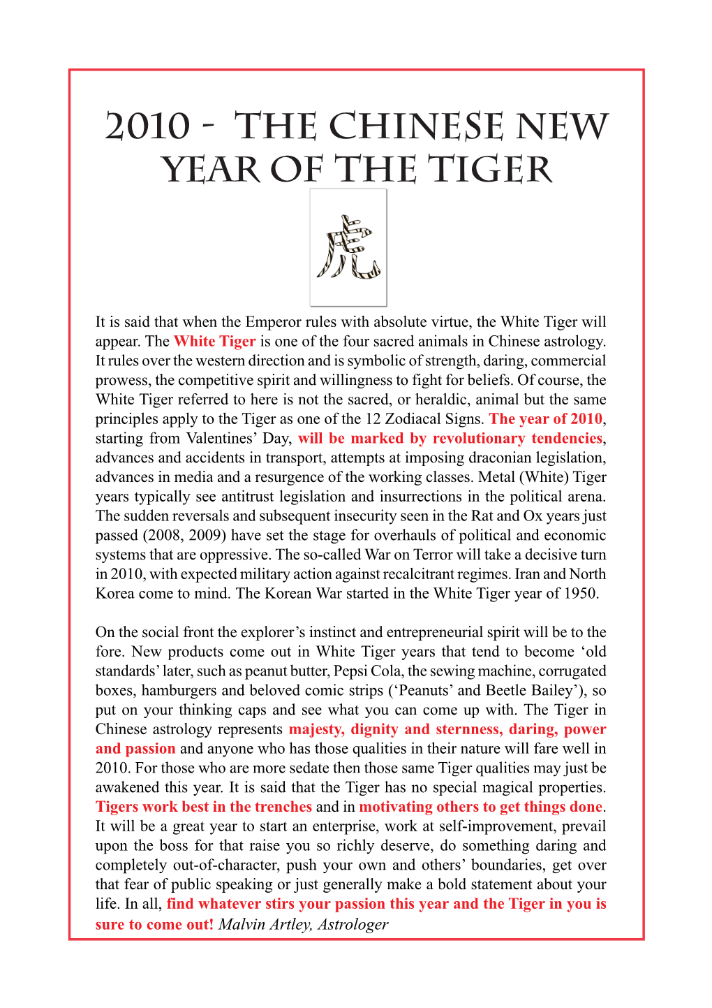 2010 - the CHINESE NEW YEAR of the Tiger