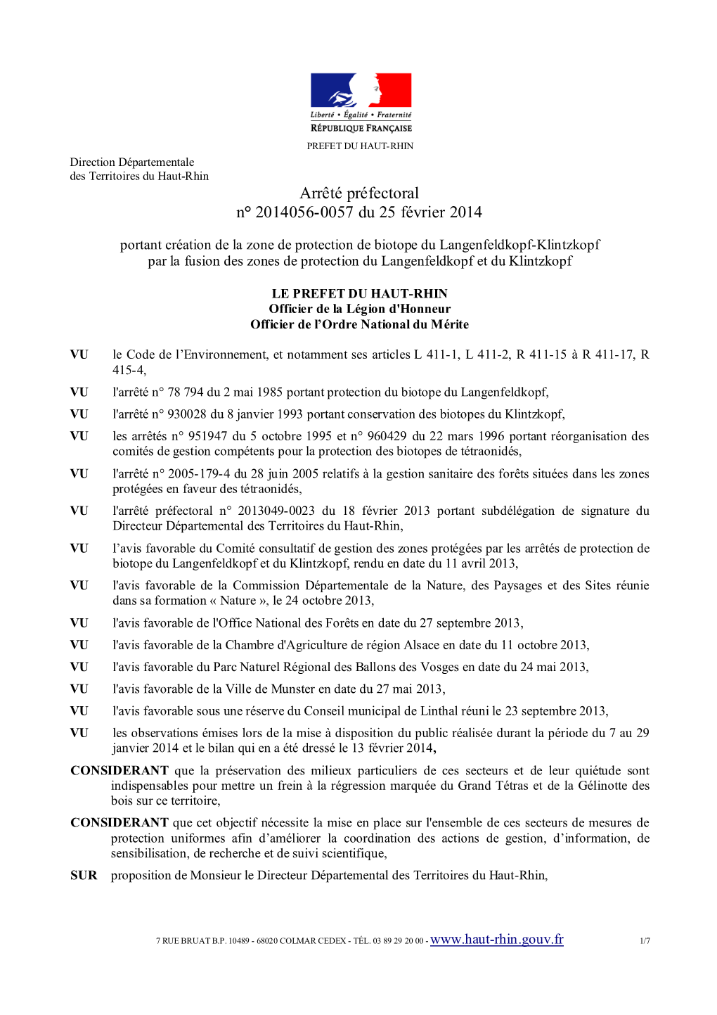 Arrêté Préfectoral N° 2014056-0057 Du 25 Février 2014