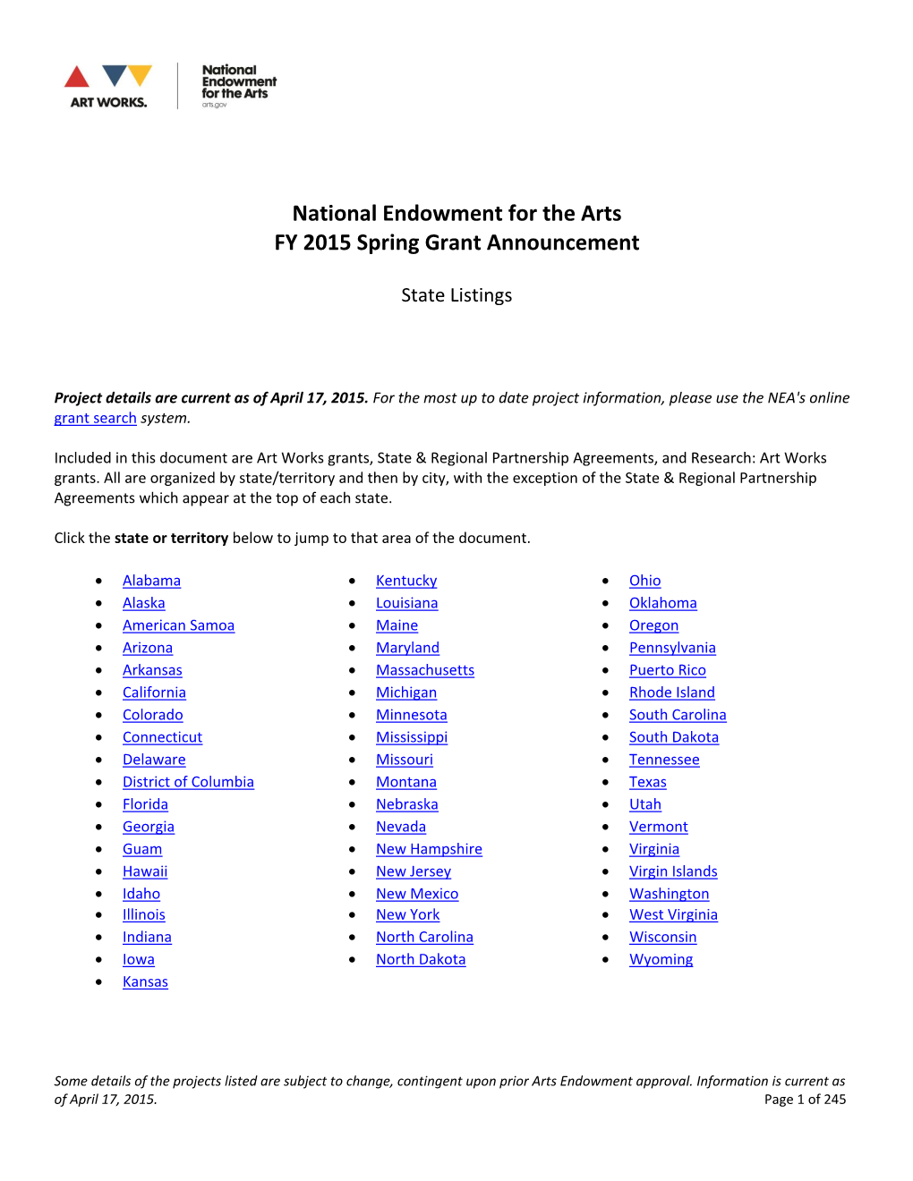 National Endowment for the Arts FY 2015 Spring Grant Announcement