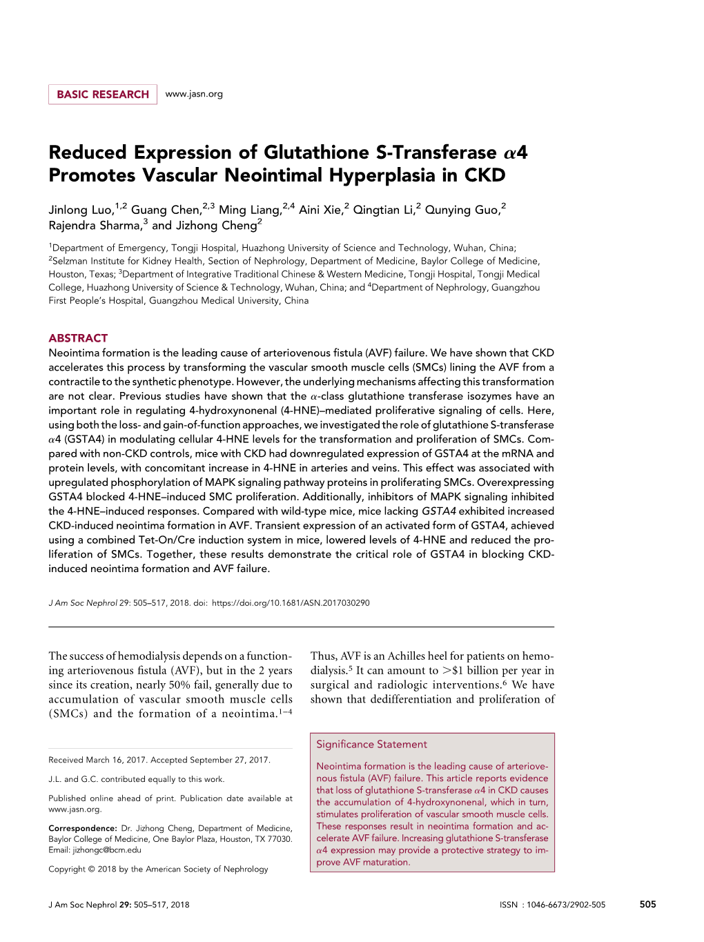 Reduced Expression of Glutathione S-Transferase Α4 Promotes Vascular Neointimal Hyperplasia In