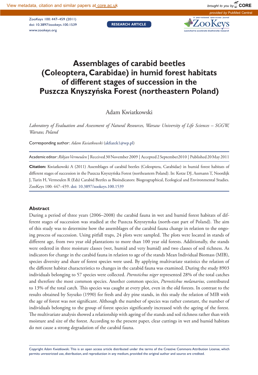 Coleoptera, Carabidae) in Humid Forest Habitats of Different Stages of Succession in the Puszcza Knyszyńska Forest (Northeastern Poland)