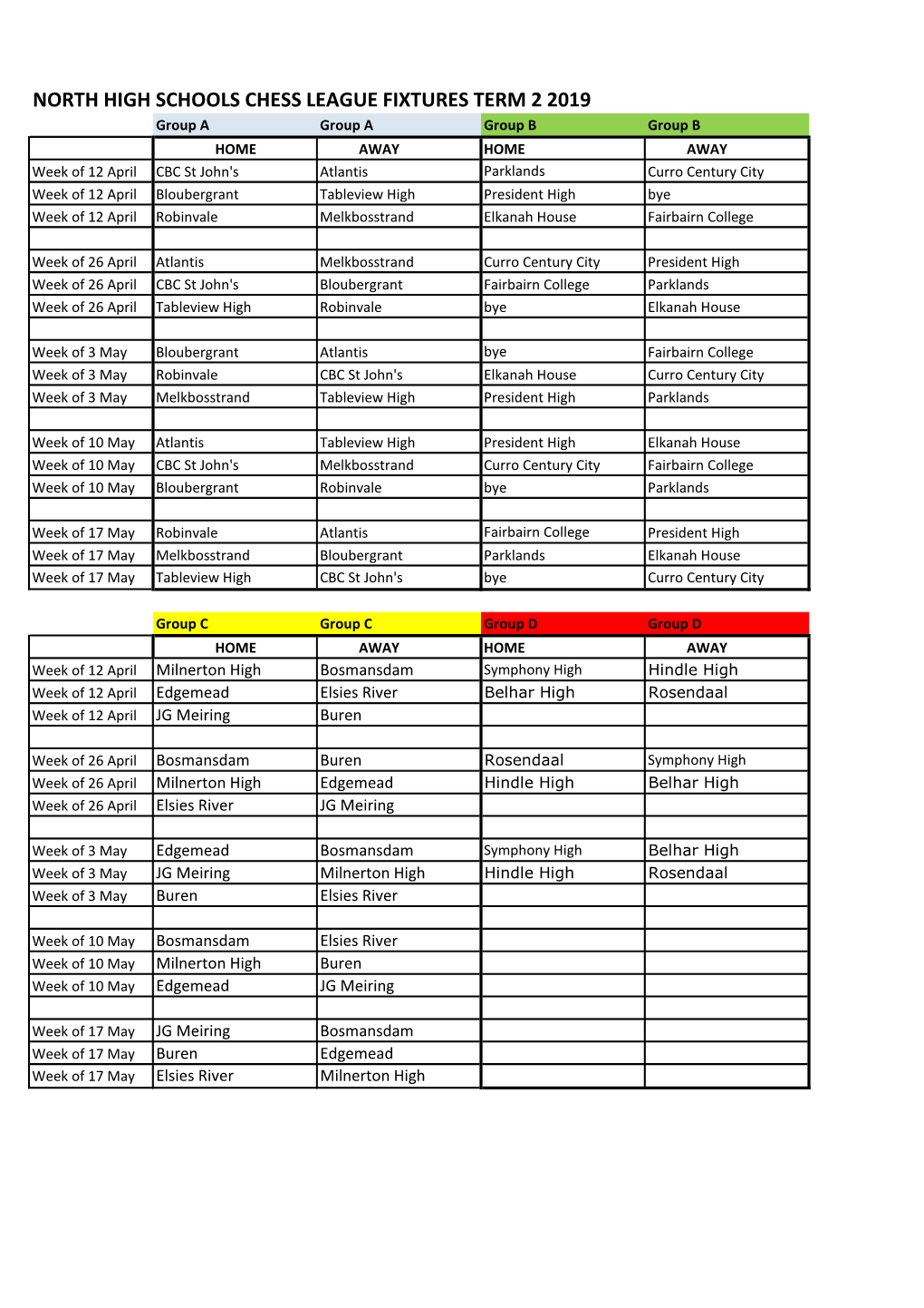 North High Schools Chess League Fixtures Term 2 2019