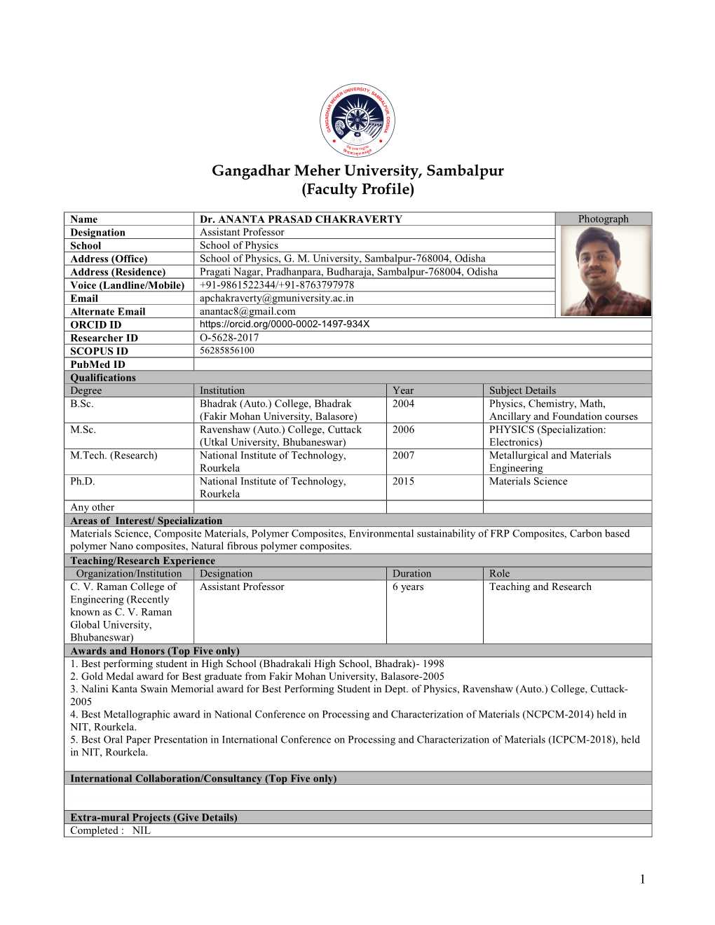 Gangadhar Meher University, Sambalpur (Faculty Profile)